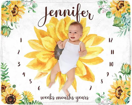 Miniatura 9 de Manta de hito para bebé personalizada con nombre, manta personalizada de flores en forma de mariposa con tabla de crecimiento calendario, manta