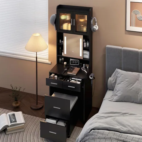 VINGLI Tocador 3 en 1 con espejo deslizante iluminado LED y taburete acolchado sobre ruedas, pequeño tocador de maquillaje con 3 cajones y 2 Negro
