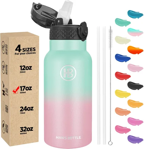 Miniatura 56 de Han's Bottle - Botella de agua para niños con tapa con pajilla - Vaso reutilizable de acero inoxidable aislado para niñas, niños, taza termo, 17