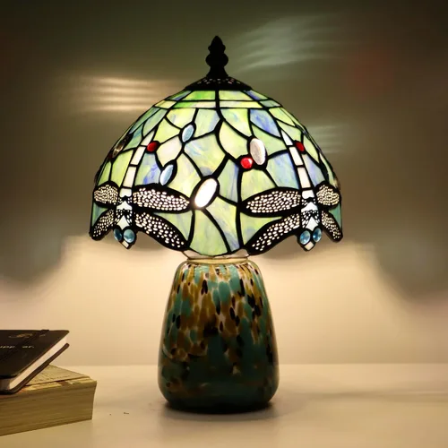Miniatura 6 de Lámpara de mesa de hongo Tiffany estilo libélula lámpara de acento de vidrio teñido azul marino base de vidrio marrón azul 8X8X12 pulgadas