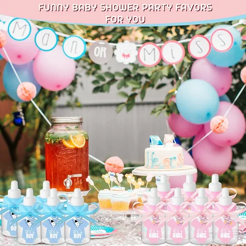 Miniatura 7 de 162 piezas de revelación de género para baby shower, 48 mini botellas de leche de plástico para bebé, 48 mini chupetes de plástico, 64 calcomanías