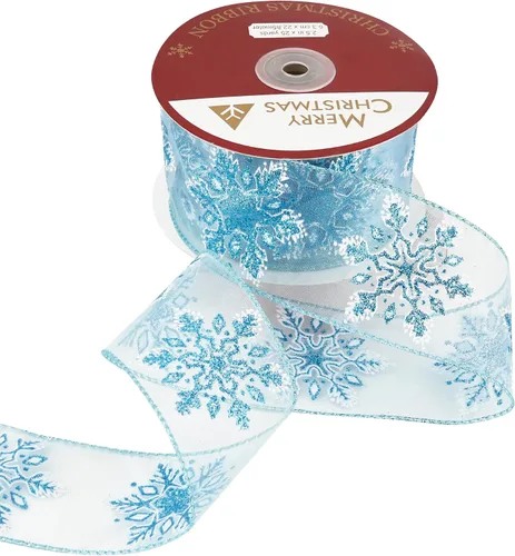 Miniatura 4 de HUIHUANG Cinta con alambre con purpurina de copo de nieve, cinta de copo de nieve azul y blanca para árbol de Navidad, 2-1/2 pulgadas x 25 yardas