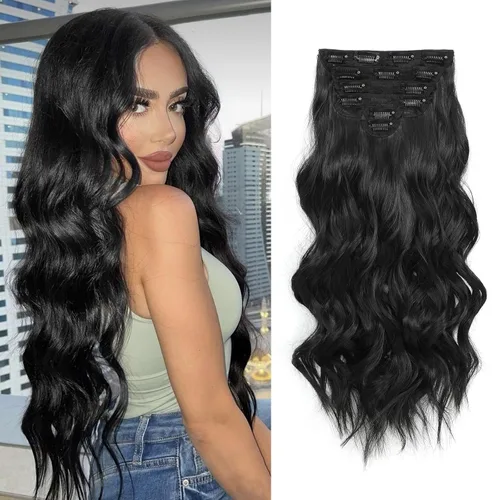 Miniatura 14 de Fliace Extensiones de cabello con clip para mujer, extensiones de cabello ondulado largo de color marrón medio, extensiones de cabello sintético