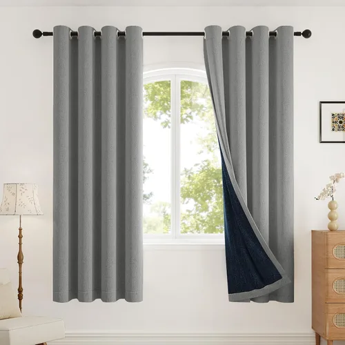Miniatura 16 de Rinwoc - Cortinas 100% opacas gruesas y suaves de 2 paneles para dormitorio, aspecto de lino texturizado, bloqueo total de luz, cortinas