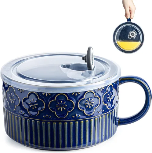 Miniatura 14 de Gomakren Tazón de sopa con asa de 39 onzas, cuenco de ramen para microondas con tapa, recipiente de sopa de cerámica para ramen, cereales, oficina