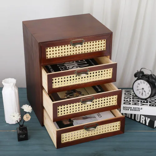 Miniatura 5 de GoooodGift Caja de almacenamiento grande de madera con cajones (gabinete boboticario, marco de ratán, marrón)