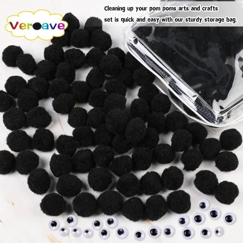 Miniatura 5 de Veroave Pompones negros, 150 pompones de 1 pulgada para manualidades, bolas de soplo, manualidades y manualidades para decoración de manualidades