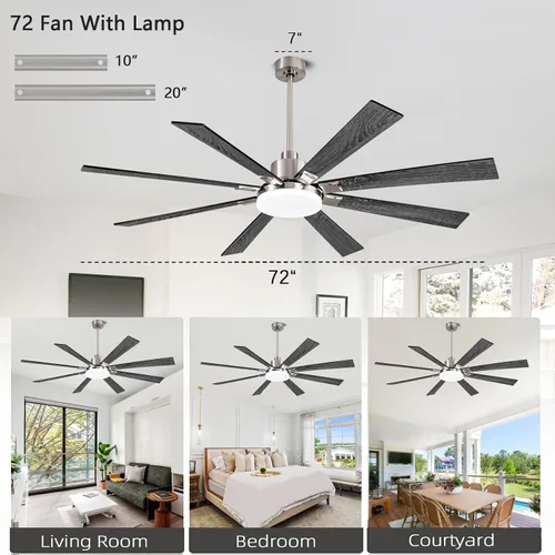 Miniatura 3 de Ventiladores de techo grandes de 72 pulgadas, ventilador de techo con control remoto e interruptor de pared, motor de CC silencioso reversible de 6