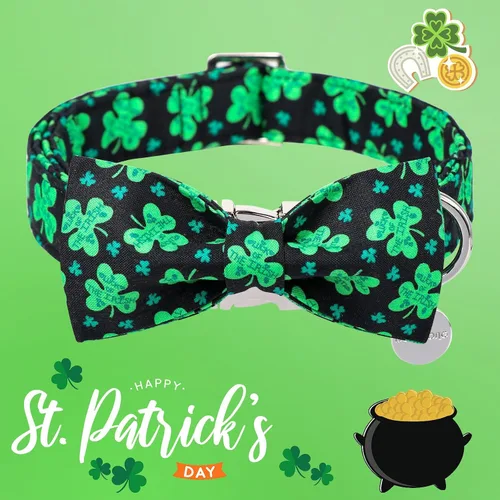 Miniatura 2 de DOGWONG Collar de perro de trébol de la suerte verde con corbatín, suave y ajustable para el día de San Patricio, collar negro para cachorros