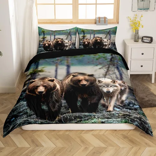 Miniatura 2 de Erosebridal Juego de funda de edredón de animales del bosque, tamaño individual, oso marrón, para niños y niñas, para dormitorio, funda de edredón