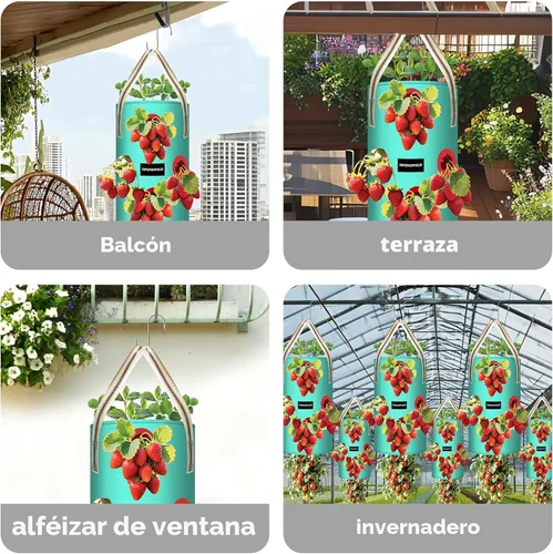 Miniatura 8 de Paquete de 3 bolsas colgantes de fresas, bolsas de cultivo colgantes de 1 galón con agujero de plantación inferior, maceta de fresa de polietileno