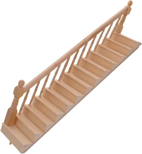 DOITOOL Escalera en miniatura de 12 escalas con pasamanos izquierdos, sin pintar, accesorio de muebles de casa de muñecas de madera para bricolaje,