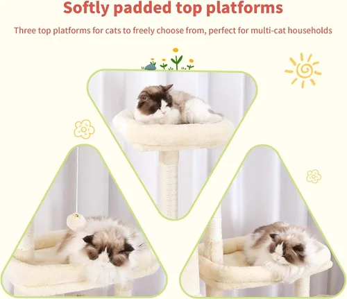 Miniatura 4 de Hey-brother - Árbol rascador para gatos con torre, postes rascadores con parte extendida, plataformas anchas, acogedores condominios, hamacas