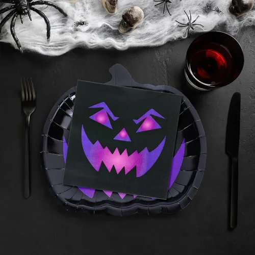 Miniatura 4 de Whaline 24 platos y servilletas de papel de calabaza de Halloween, platos desechables espeluznantes de cara de calabaza negra y morada, decoración