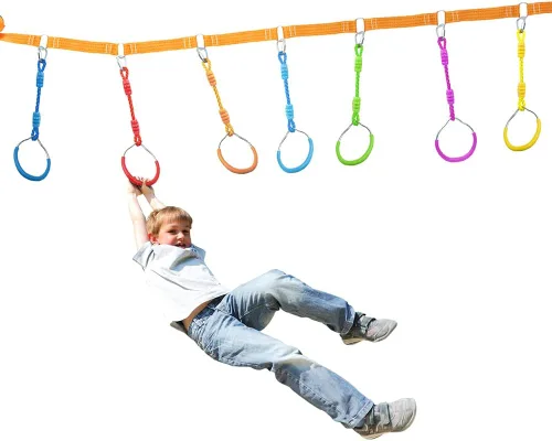 Miniatura 8 de Anillo de gimnasia con columpio para curso de obstáculos de guerrero Slackline, equipo de entrenamiento de trapecio y puño, 2 barras ninja moradas