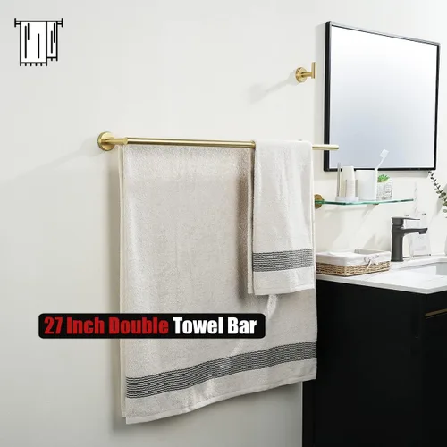 Miniatura 5 de JQK - Barra doble para toallas de baño, oro cepillado de 30 pulgadas, toallero de acero inoxidable 304 de 0.8 mm de espesor para baño, soporte