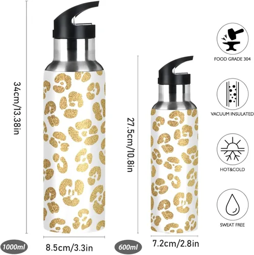 Miniatura 2 de Gold Leopard Spots White Insulated Water Bottle 32 Oz Leakproof Water Bottles, BPA-Free Sports Water Bottle with Straw