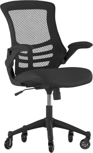 Flash Furniture Kelista Silla de oficina ergonómica giratoria de malla negra con brazos abatibles y ruedas transparentes