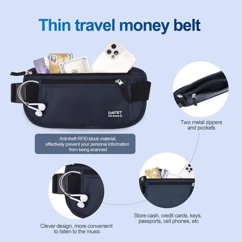 Miniatura 111 de DAITET Cinturón de dinero, soporte para pasaporte, cartera de viaje oculta segura con bloqueo RFID, riñonera encubierta (negro), Negro, Rfid