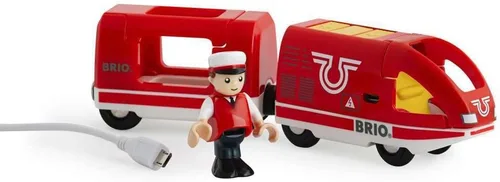 BRIO World 33746 - Juego de tren recargable de viaje | Juego de tren de juguete de madera de 4 piezas para niños pequeños | Incluye cable de carga