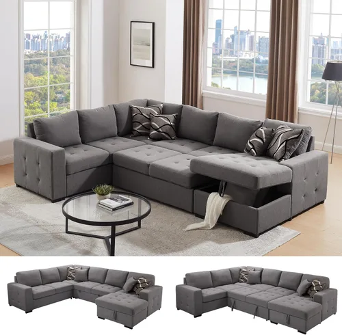 Miniatura 8 de THSUPER Sofá cama seccional de 123 pulgadas con cama extraíble, 6 plazas en forma de U de gran tamaño, sofás seccionales con diván de almacenamiento