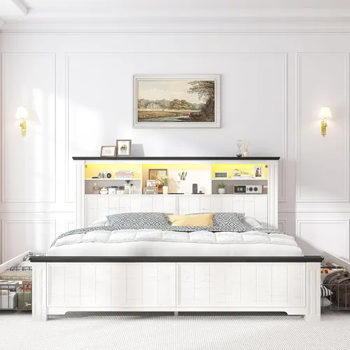 Miniatura 8 de EnHomee Base de cama Queen con cabecero y 4 cajones de almacenamiento, luces LED y puertos de carga, no necesita somier para apartamentos, sin