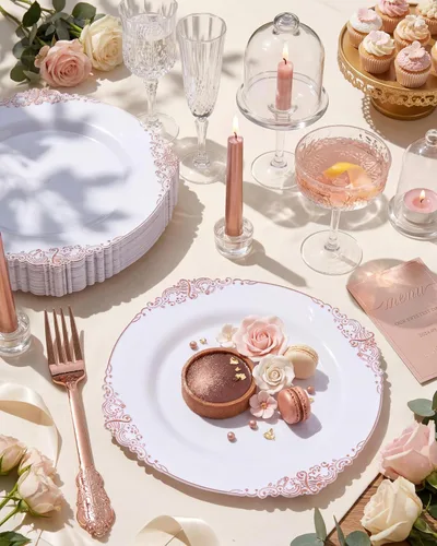 Miniatura 2 de Morejoy 100 platos de plástico, desechables, platos de postre de oro blanco y rosa de 7.5 pulgadas para bodas, fiestas y duchas rosa y oro