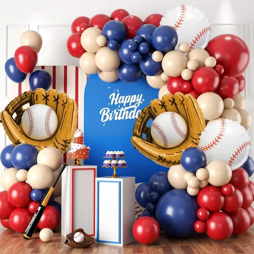 Decoraciones de fiesta de cumpleaños de béisbol, arco de globos azul marino, rojo y nude con globos de papel de aluminio con guante de béisbol para
