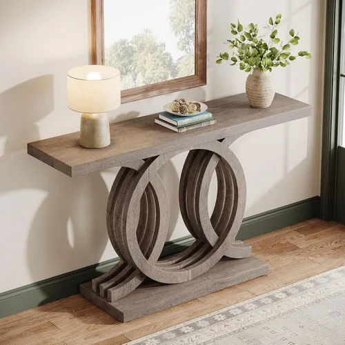 Miniatura 5 de Tribesigns Mesa consola de 55 pulgadas con base de madera geométrica, mesa de entrada moderna con mesa gruesa para sala de estar, pasillo, Marrón