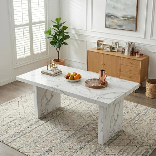 Miniatura 8 de gopop Mesa de comedor de mármol de 63 pulgadas, tablero de mesa de comedor MDF con patrón de mármol y base para cocina y comedor.