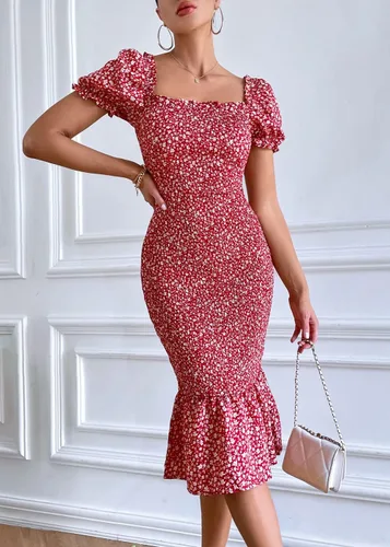 Miniatura 2 de PRETTYGARDEN - Vestido de cóctel y verano para mujer, con estampado floral, por debajo de la rodilla, ajustado, de manga corta abullonada