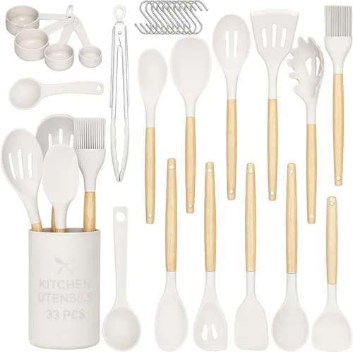 Miniatura 10 de Juego de utensilios de cocina de silicona de 33 piezas con soporte, resistentes al calor, utensilios de cocina antiadherentes con asas de madera