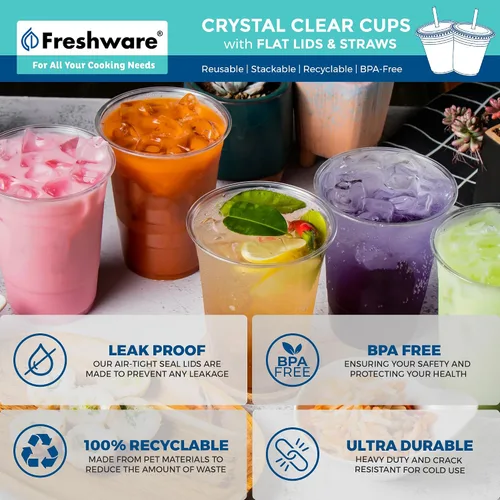 Miniatura 6 de Freshware Vasos de plástico desechables transparentes de 12 onzas con tapas planas y popotes, paquete de 100 vasos de plástico transparente, vasos