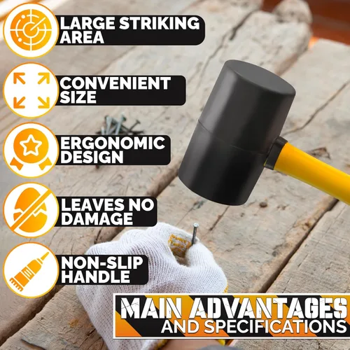Miniatura 4 de Martillo de mazo de goma de 16 onzas, mazo de martillo de goma con mango duradero y ergonómico, diseño antivibración para un trabajo eficiente