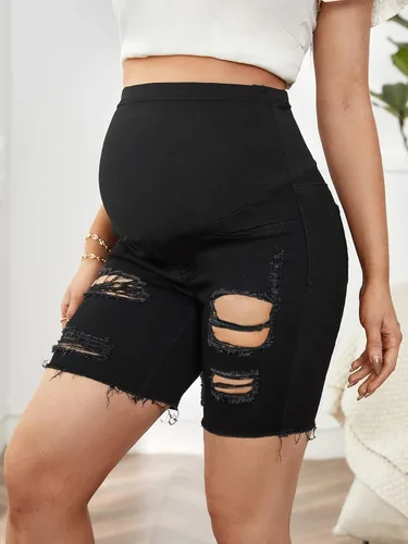 Miniatura 3 de Floerns Pantalones cortos de mezclilla de maternidad para mujer con dobladillo enrollado