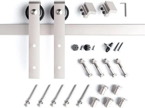Miniatura 7 de EaseLife Kit de rieles de níquel cepillado para puerta corrediza de granero de 6 pies, polea en J básica, resistente, se desliza suavemente