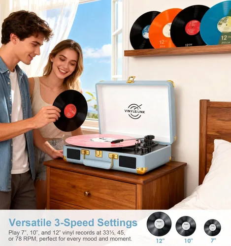 Miniatura 10 de VINYLSLINK Reproductor de discos de vinilo con Bluetooth, tocadiscos portátil de 3 velocidades con control de agudos y graves, altavoces estéreo Azul