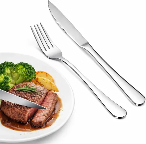Miniatura 13 de SANTUO 12-Piece Steak Knife and Fork Set for 6, Stainless Steel Steak Knives with Dinner Forks, Serrated Steak Knife Set, Mirror Polished