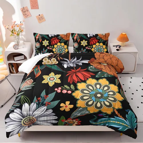 Miniatura 2 de Juego de edredón floral colorido de 3 piezas, juego de ropa de cama botánica bohemia tamaño queen, diseño boho de granja con flores y hojas impresas