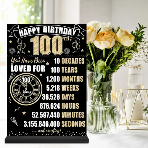 Miniatura 3 de Decoración de cumpleaños número 100 para hombres y mujeres, póster de mesa de madera de dos caras con soporte para fiestas, soporte para exhibición