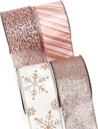 Miniatura 5 de Ribbli - Cinta con alambre dorada champagne para árbol de Navidad, cinta de malla con purpurina y diseño de copos de nieve para manualidades