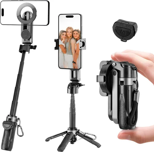 Miniatura 8 de MQOUNY para soporte trípode Magsafe para iPhone, palo selfie portátil de bolsillo con control remoto recargable y anillo de metal, trípode