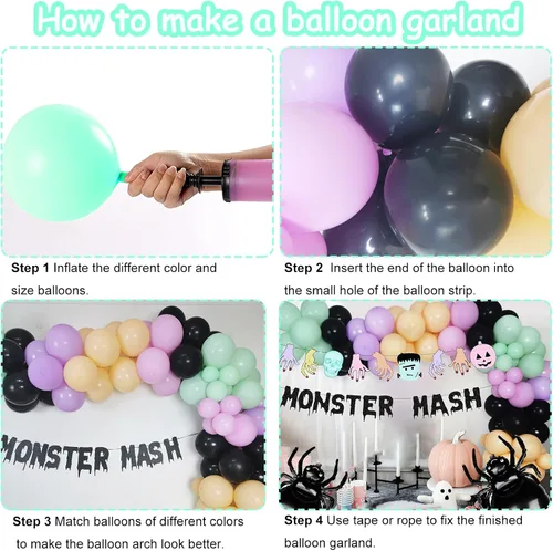 Miniatura 7 de Kit de arco de guirnalda de globos de monstruo de Halloween, globos negros, morados, verdes con globos de papel de aluminio, pancarta de monstruo