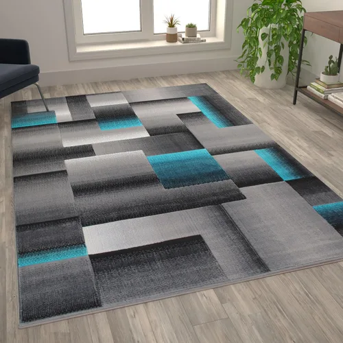 Miniatura 27 de Flash Furniture Elio Collection - Alfombra de área con patrón de bloques de color, alfombra de olefina azul de pelo alto, alfombra de área de 2 x 3