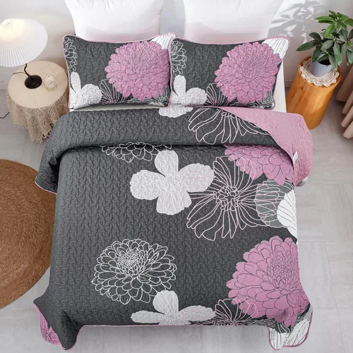 Miniatura 6 de Anibedding Juego de edredón de 3 piezas con estampado floral gris, tamaño Queen, juego de edredón rosa con patrón de flores, juego de edredón