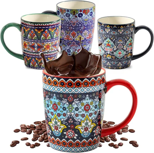 Miniatura 9 de Tazas de café HASENSE, juego de 4 tazas de cerámica de 15 oz con asa y patrones de muñecos de nieve para hombre mujer, juego de tazas de porcelana