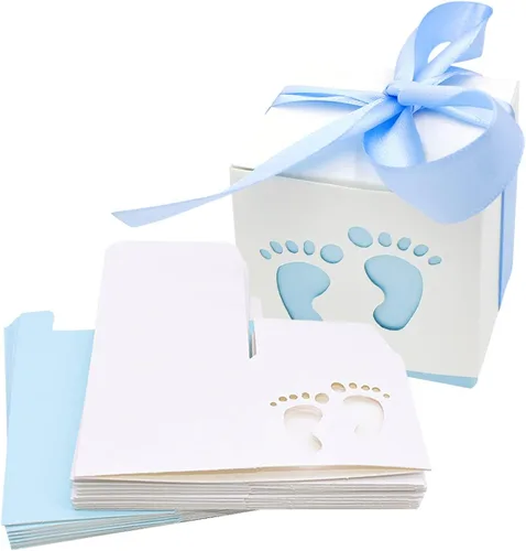50 cajas de recuerdo de fiesta de baby shower, 2.4 x 2.4 pulgadas, pequeñas cajas de regalo de dulces, diseño de huellas para niños, cumpleaños, Azul