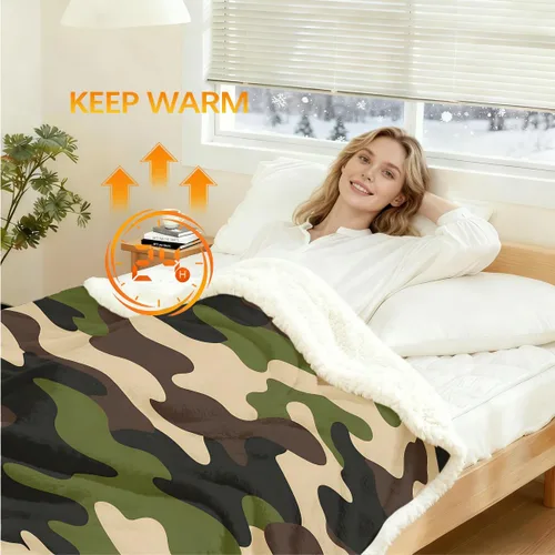 Miniatura 3 de Sleepwish Manta de forro polar de camuflaje verde para niños y niños, manta de sherpa de camuflaje marrón suave para sofá, silla, manta