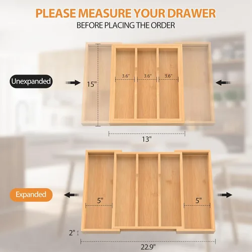 Miniatura 2 de Organizador de cajones de cocina expandible de bambú, 13 a 23 pulgadas, bandeja ajustable para utensilios y cubiertos, organizador de cajones