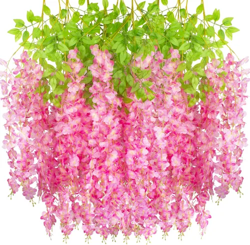 Miniatura 9 de AITISOR Paquete de 12 flores artificiales de seda, glicinia, vid de ratta, flores colgantes (azul)